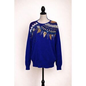 Vintage 1980s Tina Sweater Women’s L Blue Beaded Sequin Embellished Knit